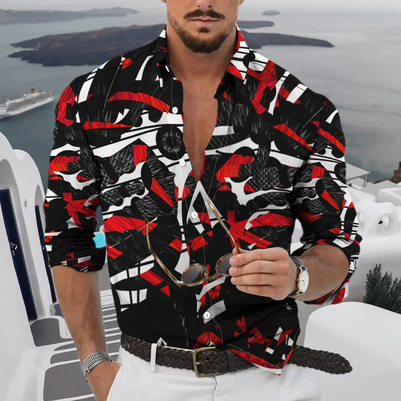 Graffiti Print Long Sleeve Casual Tops Men Shirt 2022 Spring Autumn Fashion Shirts Turn-down Collar Buttoned Cardigan Men's
