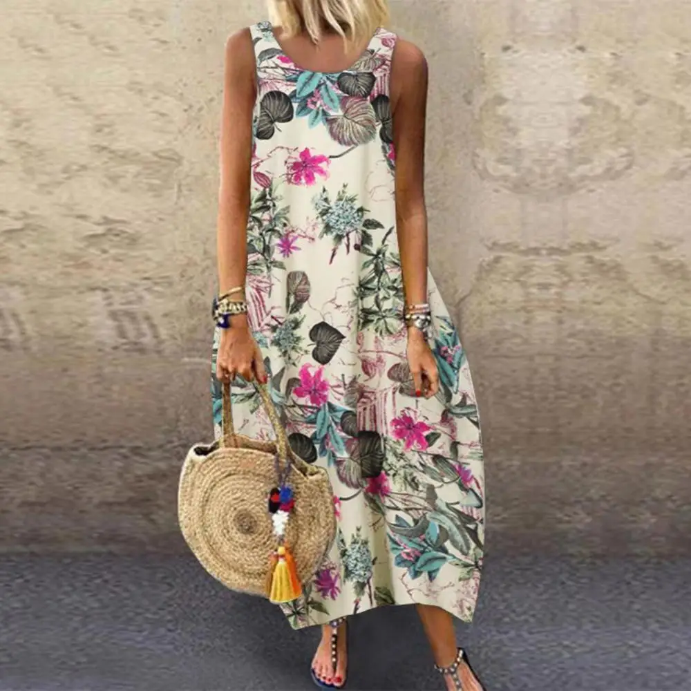 

Платье женское длинное с круглым вырезом, хлопково-льняной мешковатый сарафан с винтажным цветочным принтом и листьями, без рукавов