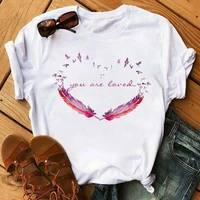 colorful feather loved heart print t shirt women short sleeve o neck loose tshirt summer women tee shirt tops camisetas mujer