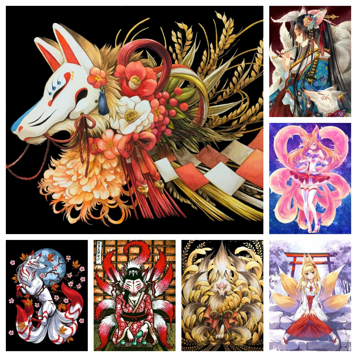 

Anime Kitsune Fairy Full Diamond Painting Japanese Samurai Nine Tailed Fox Art Cross Stitch Embroidery Picture Mosaic Home Decor