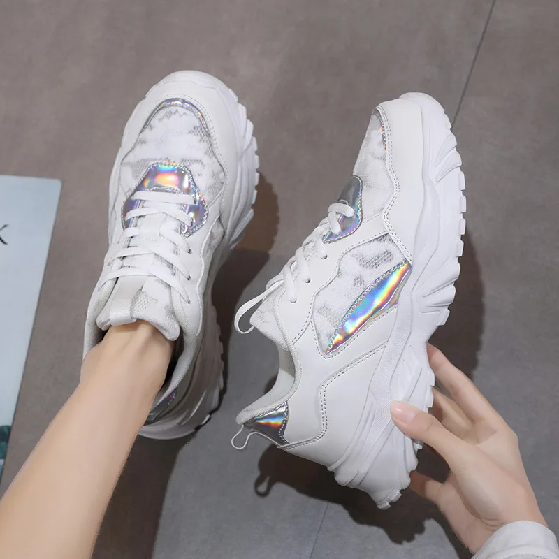 Lovely Pink Chunky Sneakers Women 2022 Thick Sole Girls Sport Running Shoes Bright White Fashion Casual Dad Shoes Women Footwear