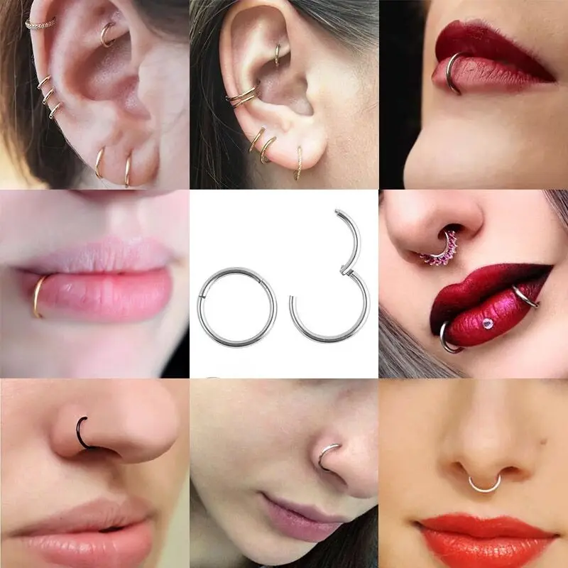 Stainless Steel Titanium Hinged Segment Lip Nose Ring Ear Cartilage Tragus Helix Lip Piercing for Men Women Punk Hiphop Jewelry