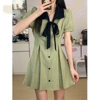 french fashion green plaid shirt skirt 2022 womens summer bow short sleeve waist small dress