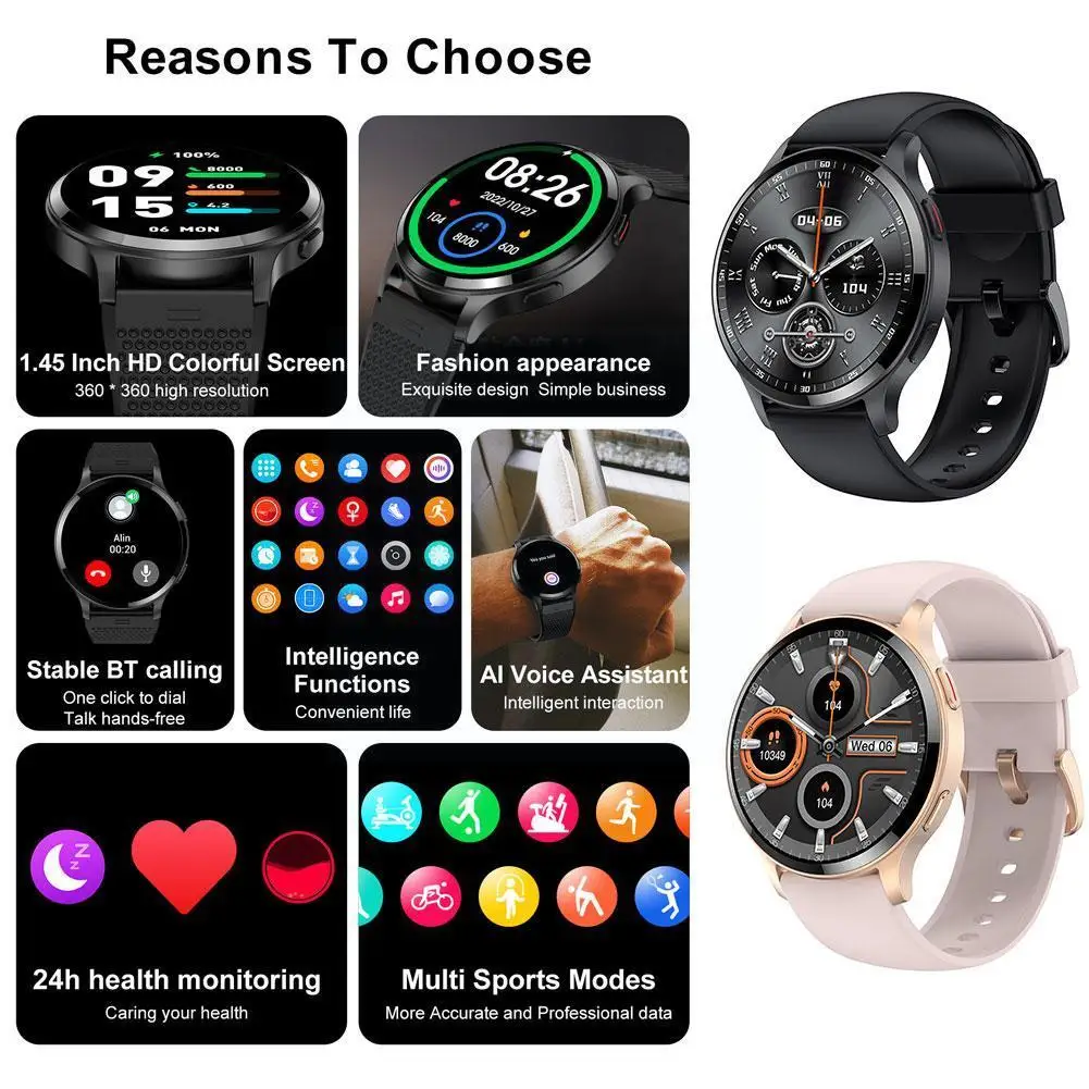 

Смарт-часы мужские водонепроницаемые, 1,45 дюйма, 24 часа, пульсометр