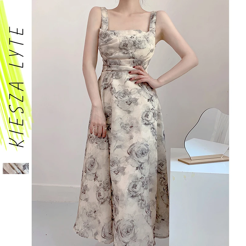 

Elegant Summer Folds Midi Dress French Vintage Print Sleeveless Flowers Print Casual Dresses Vestidos Robes Femme