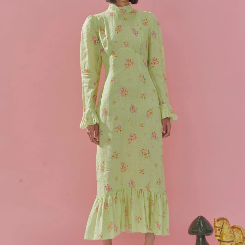 

Unique Design Latest Spring 2022 Ladies High Quality Linen Purple Yellow Sun Flower Print Frill Hem Green Slim Midi Dresses