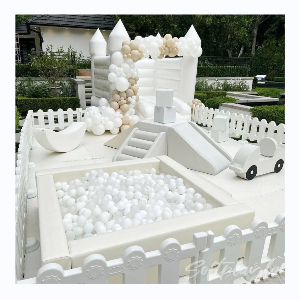 

Kids white playground equipment inflatable soft play ball pool pit with slide