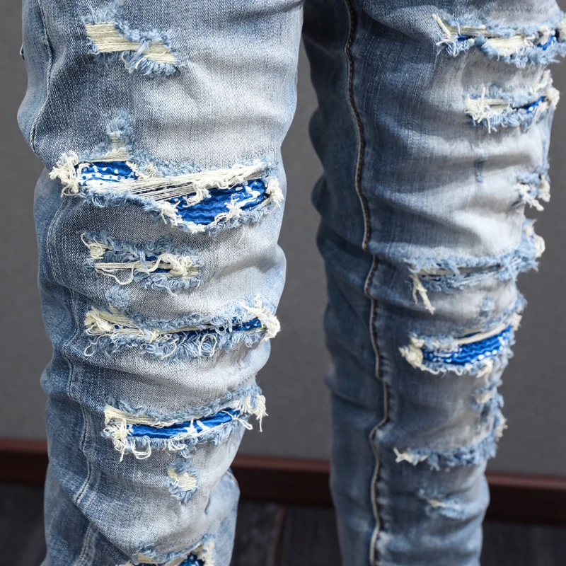 Streetwear Fashion Men Jeans Retro Blue Elastic Hole Skinny Ripped Jeans Men Patched Designer Stretch Hip Hop Brand Pants Hombre