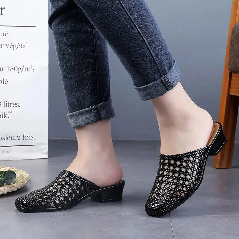 Beach Slippers Women Wear Wrapped Toe Summer Middle Heel PVC Fashion Increase Outdoor Black Red All-match Non-slip Sandals