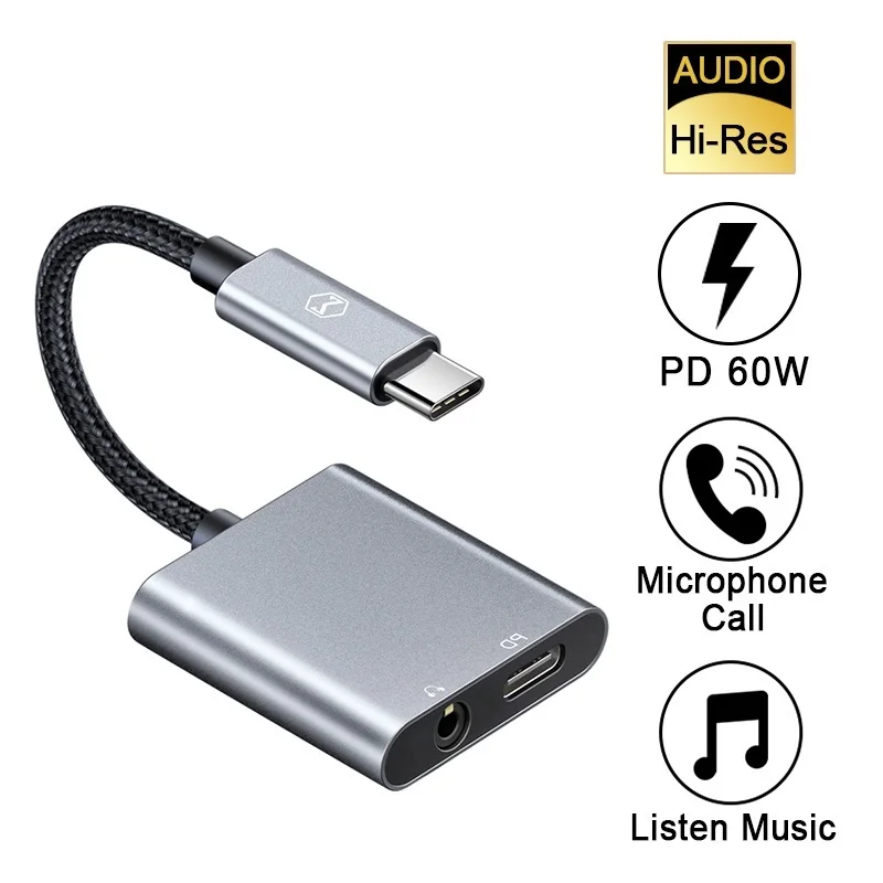 

2022 60W PD USB C To 3.5mm+Type-C Headphone Digital Audio Adapter DAC Hi-Res Aux Cable For IPad Pro Macbook Samsung S10 Huawei