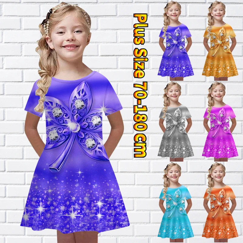 

Summer Girl Dress Round Neck Knee-length Skirt Little Girl Street Loose Lovely Princess Skirt Floral Print Short Sleeve Skirt