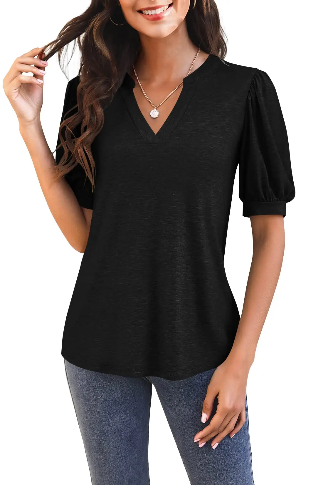 

HOT Womens V Neck T Shirts Casual Puff Sleeve Loose Dressy Blouses Summer Tops