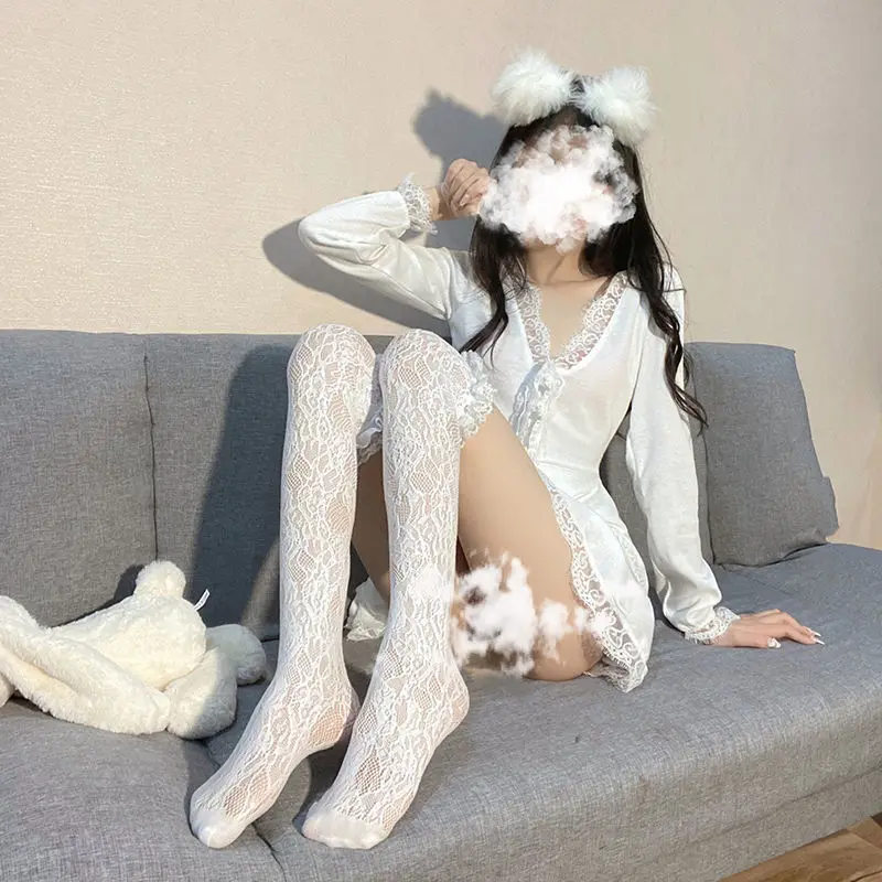 

Lolita Long Tube White Lace Mesh Female Over-knee High-tube Thigh Middle-tube Calf Socks Thin Section Student Jk Black And White