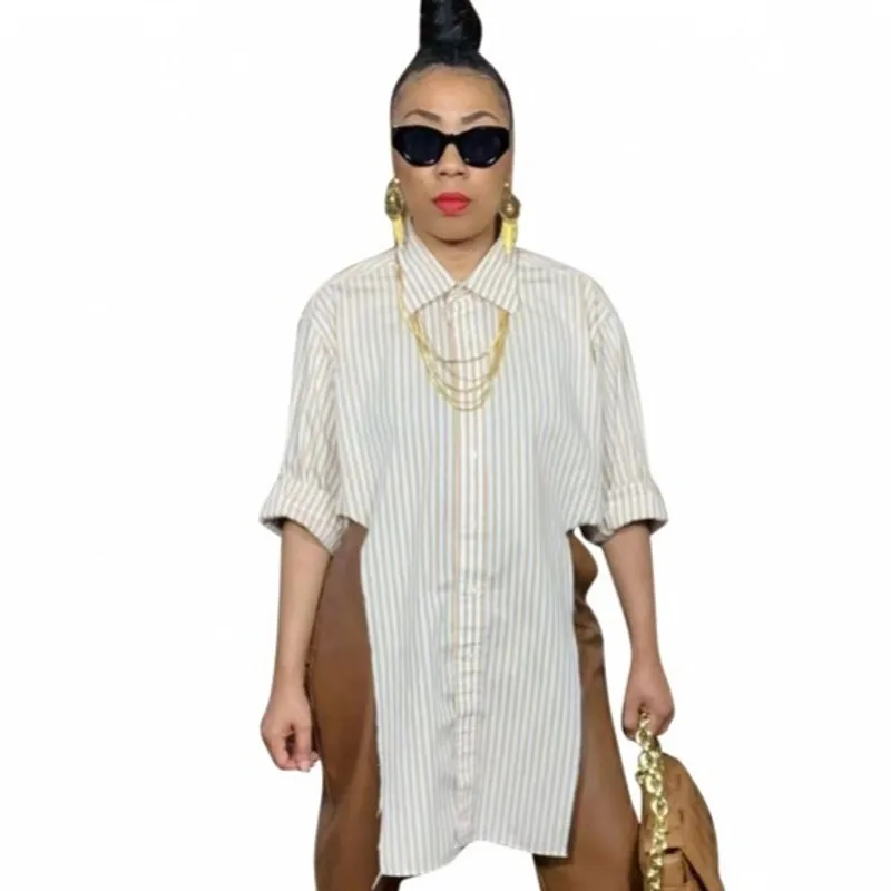 

African Shirt Tops Women Half Sleeve Turn Down Collar Tops Summer Fashion Striped Print Irregular African Kanga Clothing Blouses