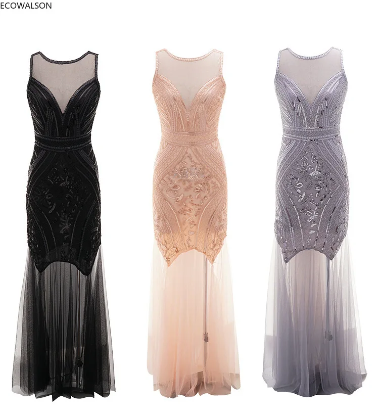

Women 1920s Great Gatsby 20s Flapper maxi Dress Vintage V Neck Mesh Summer wedding dress party prom CHARLESTON Gown costume