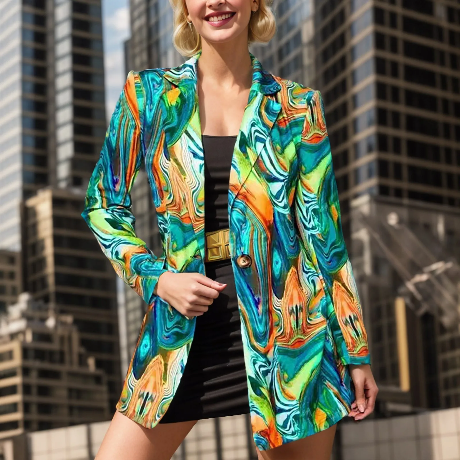 

2023 New Fashion Colourful Printed Long Sleeve Lapel Cardigan Coat Casual Versatile Artistic Office Lady Commuter Suit Jackets