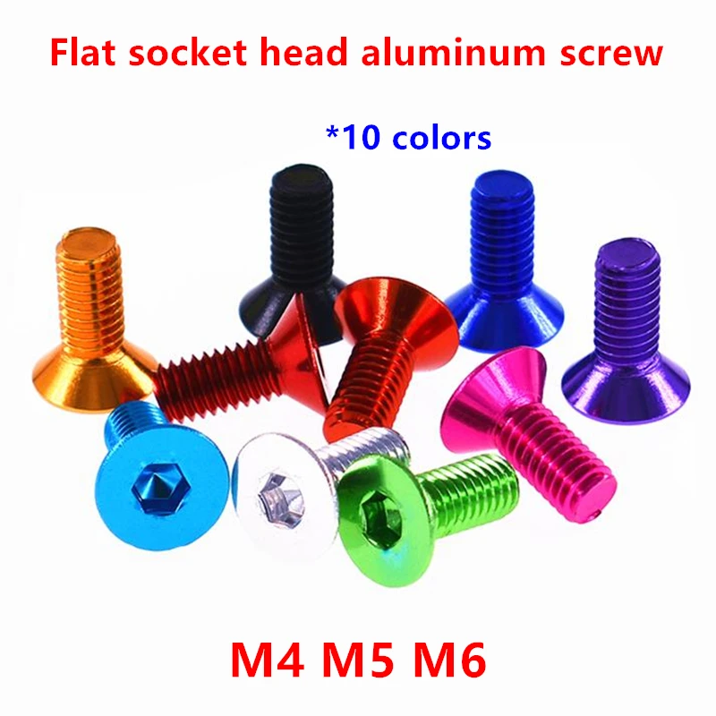 

10pcs Aluminum Flat Allen Screw M4 M5 M6 Hexagonal Hex Flat Socket Countersunk head Screws Bolts 10 Colors L=8/10/12/16/20/25mm