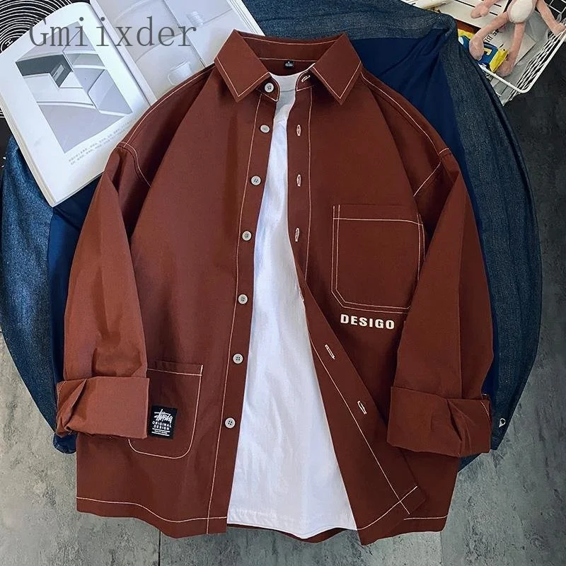 

Men's Long-sleeved Shirt Loose Japan Summer Hip Hop Shirt Male Casual Cityboy Urban Top Spring Autumn Letter Print Preppy Blouse