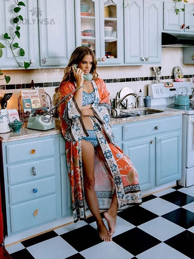 2023 Bikini Cover-ups Pink Boho Print Self Belted Front Open Long Kimono Dress Beach Tunic Women Swim Suit Cover Up Q996 - купить по
