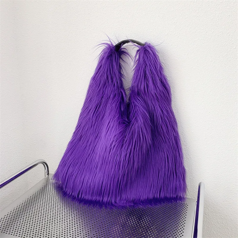 Winter Women Faux Fur Bag Solid Color Long Plush Tote Bag Candy Color Soft Fluffy Shoulder  Bag Date Shopping Handbag Sac A Main