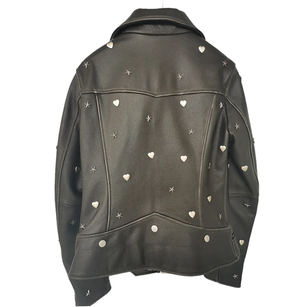 

CLEARANCE SUPER Factory Quality Rivets Motorcycle Jacket Women Thick Soft Black Cowhide Leather Jacket Slim Winter M498