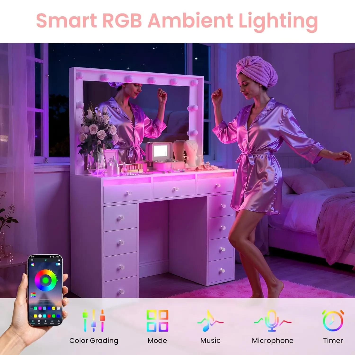 Фото Туалетный столик с RGB-подсветкой и большим зеркалом 36,9 дюйма, 11 ящиков, стеклянная столешница и 3-цветные голливудские лампы, для макияжа №5