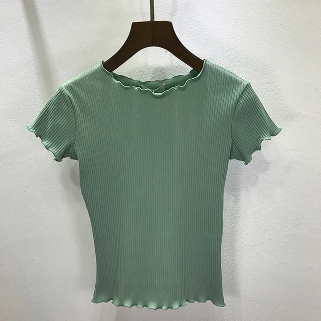 

Women Tees Ruffled Trimmings Ribbed Crop Tops Soft And Stretchy Short Sleeve T-shirts Basic Cropped Top
