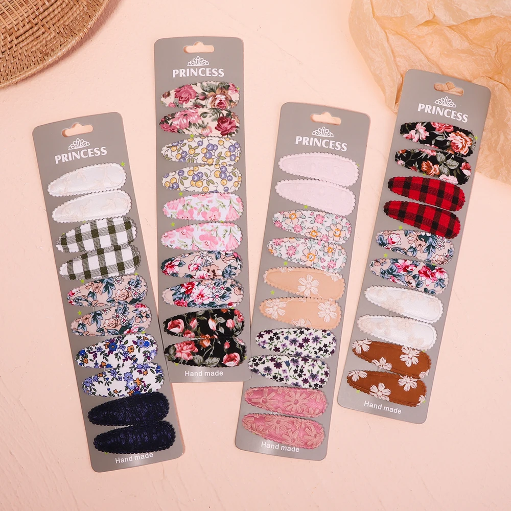 

10Pcs/Set Sweet Summer Flower Print Bobby Hairpin Basic Snap Baby Hair Drop Clip Cotton Lace Plain Striped Hair Accessories