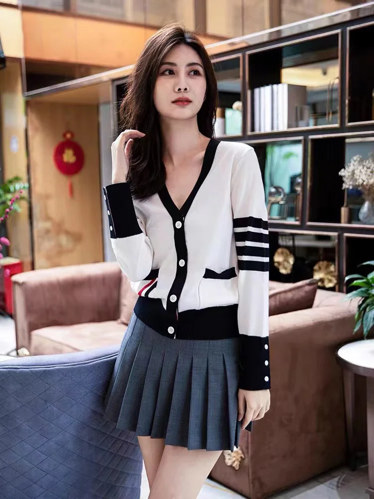 TB THOM Women's 2022 Autumn Winter Luxury Brand Tops Fine Wool Striped Spliced Blouse Korean Fashion Style Sweaters