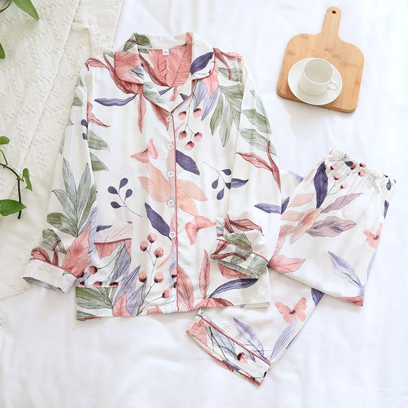 Cotton Silk Pajamas Women Spring Summer Long-sleeved Thin Sets Print Casual Comfortable Home Wear Two-piece Women's Home Clothes