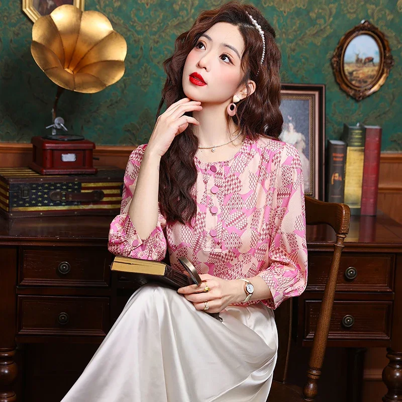 Женская шифоновая блузка с круглым вырезом свободного покроя