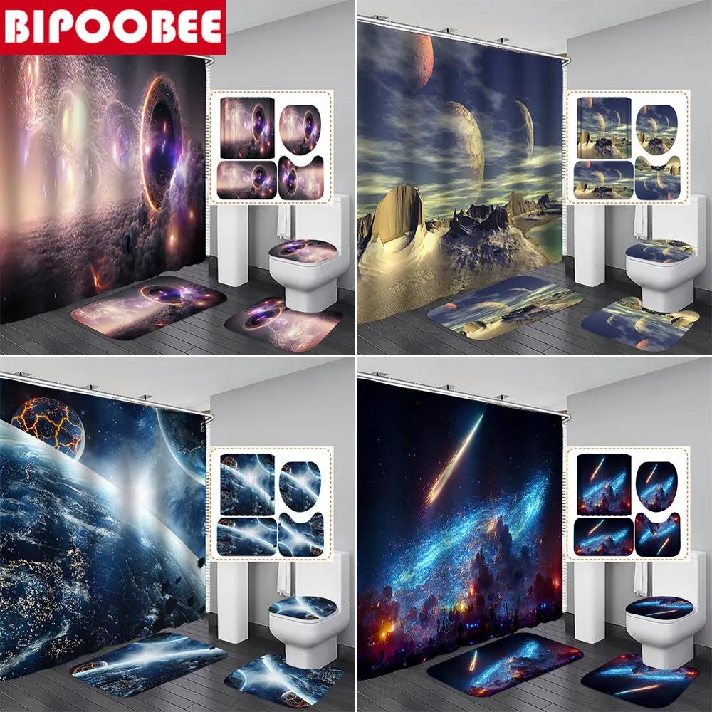 

Planet Origin 3D Shower Curtains Star Universe Scenery Bathroom Curtain Toilet Lid Cover Bath Mats Rugs Non-slip Carpet