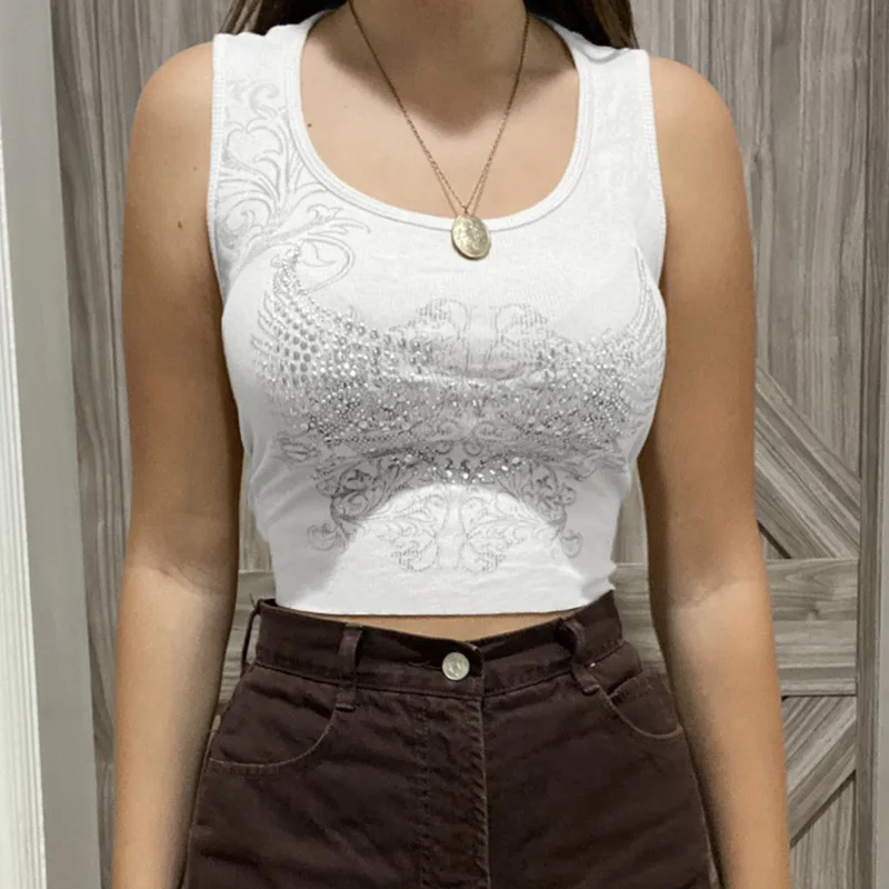 

2022 Spring Tanks Cropped Tops Clothing Women Tanks Tops with U Neck Wings Pattern Skinny Fit Casual Style Camis