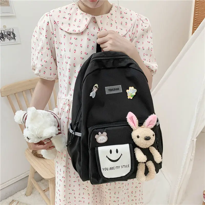 

Школьные ранцы для девочек-подростков, черные милые школьные рюкзаки с героями мультфильмов, женские повседневные корейские рюкзаки 2022
