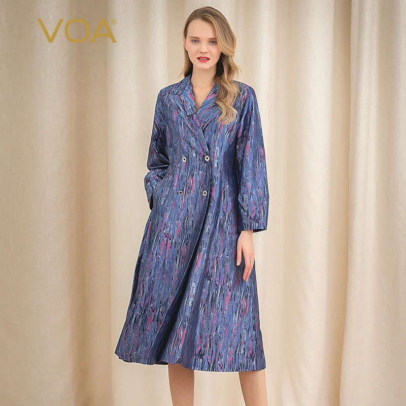 

VOA Yarn-dyed Jacquard Silk Barbed Collar Long Sleeved Double Breasted Windbreak Skirt Style Multicolour Silk Trench Coat F320