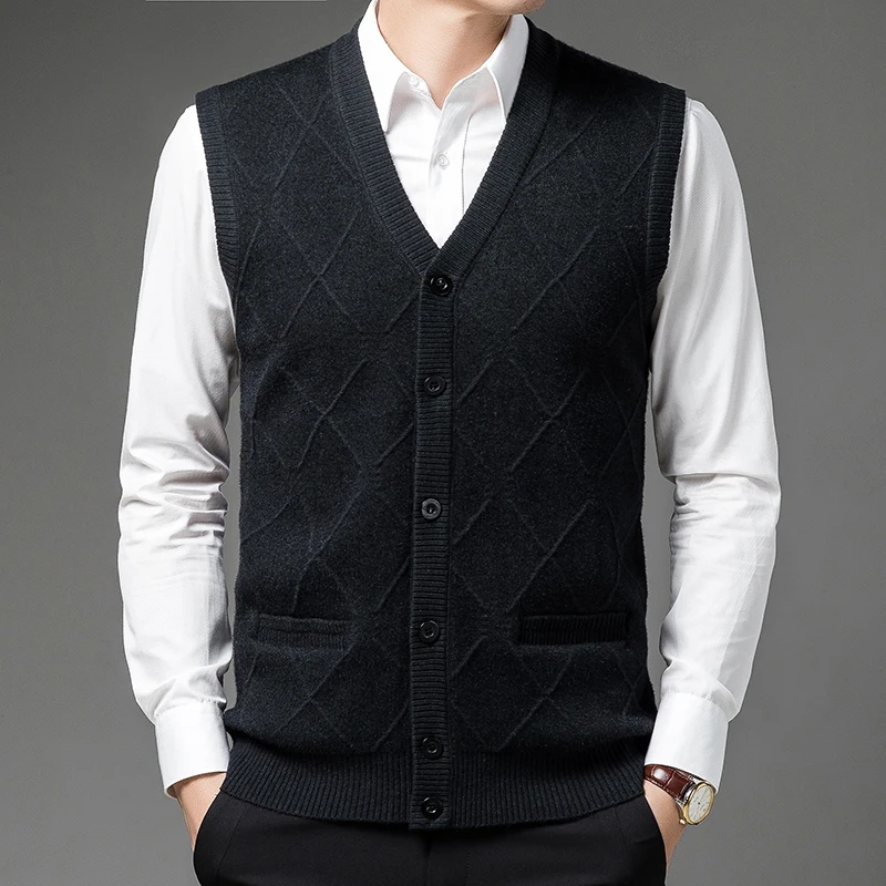 

Men's Winter Fleece Warm Fashion Argyle Sleeveless Sweater 2022 New Men Business Cardigan V Neck Slim Fit Jumpers Vest