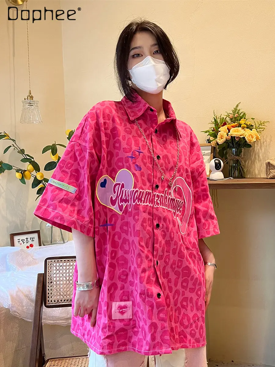 

Fashion Brand Leopard Print Short Sleeve Shirt Women 2023 Summer Loose High Street Shirt Single-Breasted Mid-Length Top Female