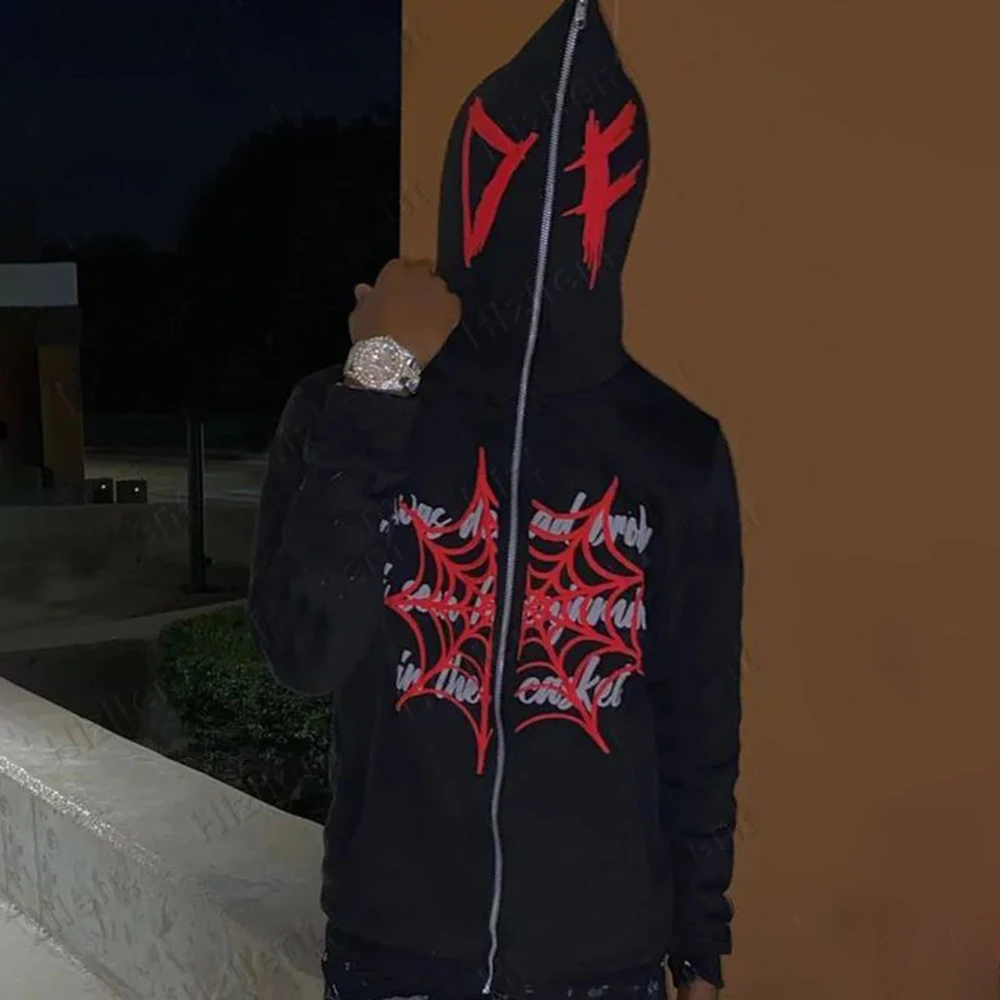 

Мужская Осенняя Толстовка в темном стиле с принтом паутины и надписями, новинка 2023, американский свободный бархатный кардиган на молнии с граффити, пальто с капюшоном