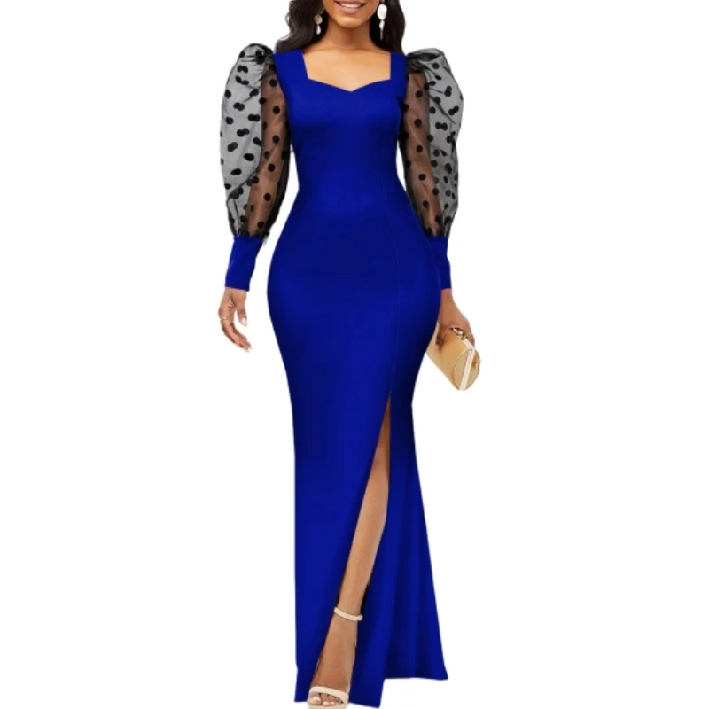

Fashion Bodycon Party Dresses for Women Elegant Evening Luxury Long Dress Summer Side Slit Mesh Stitching Robe Femme Vestidos