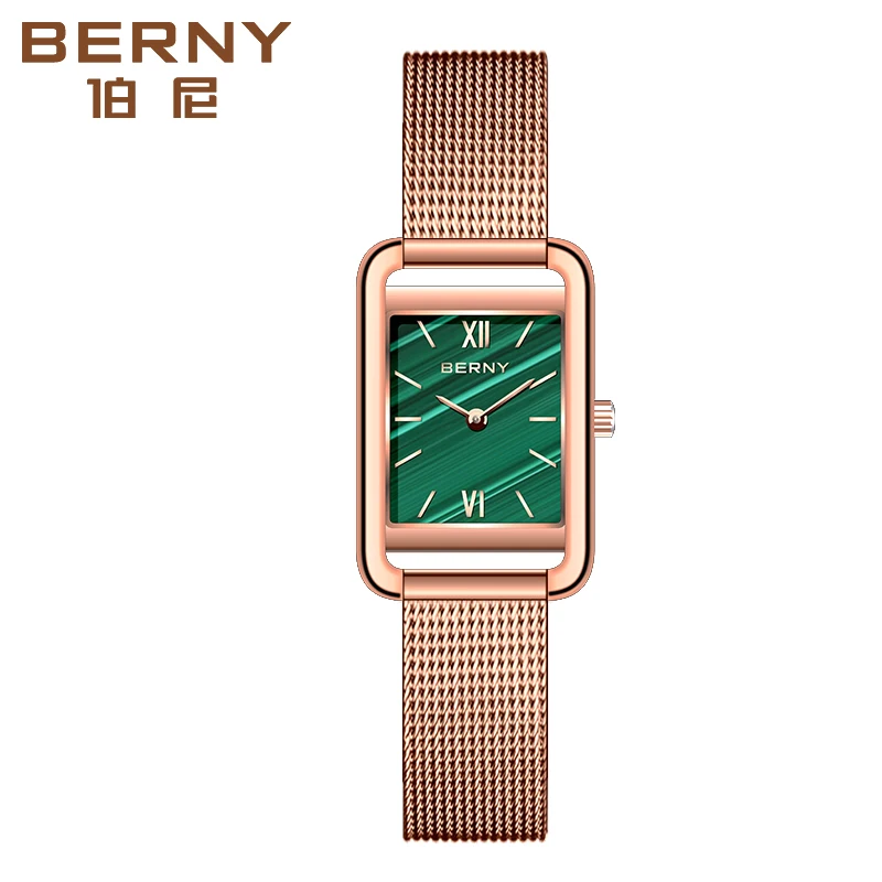 BERNY Miyota Green Women Watch Square Sapphire Ladies Quartz watch Waterpoof Stainless Steel Bracelet Rose Gold Watch For Women
