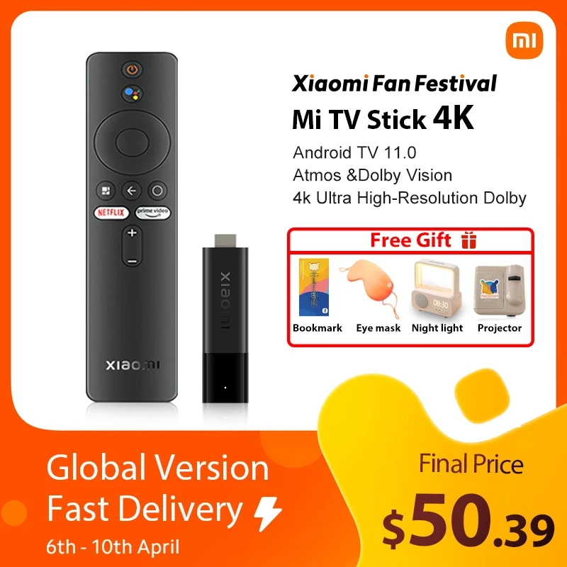 Xiaomi Mi TV Stick 4K глобальная версия Stream in 4K Google Assistant  Встроенный Android TV 11 2 ГБ 8 ГБ четырехъядерный процессор 