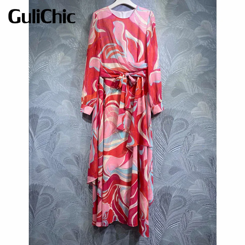 

6.27 GuliChic Women Elegant Fashion O-Neck Long Sleeve Colorful Print Collect Waist Lace-Up Irregularity Layered Maxi Dress
