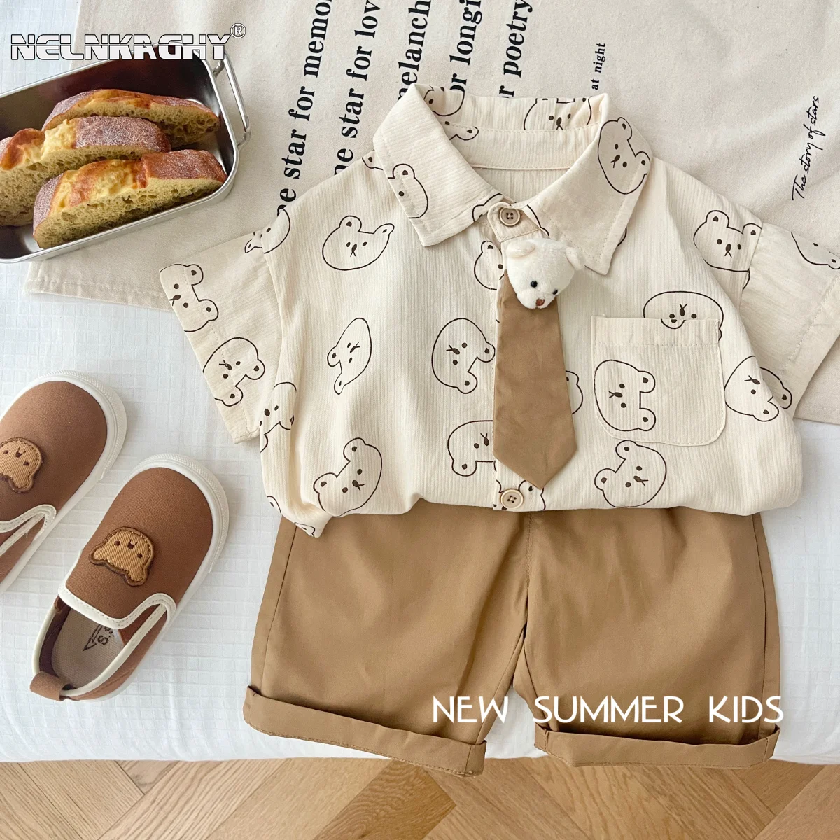 

New 2023 Summer Kids Baby Boys Cartoon Top with 3D Bear & Single-Breasted Tie + Solid Color Shorts Set 98% Cotton 2pcs 3M-6Y