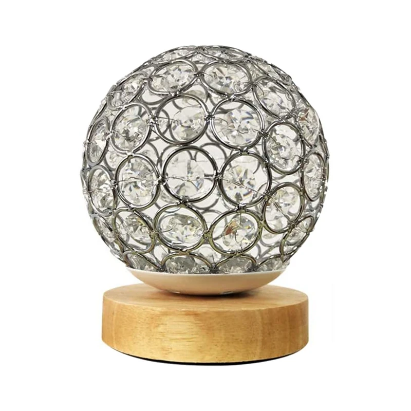 

HOT Crystal USB Table Lamp Silver Crystal Ball With Wooden Base Bedside Table Lamp Dimmable Modern Night Light For Bedroom