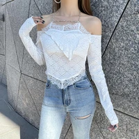 2021 women new sexy see through lace off shoulder trim gothic e girl t shirts white bodycon long sleeve crop tops streetwear tee