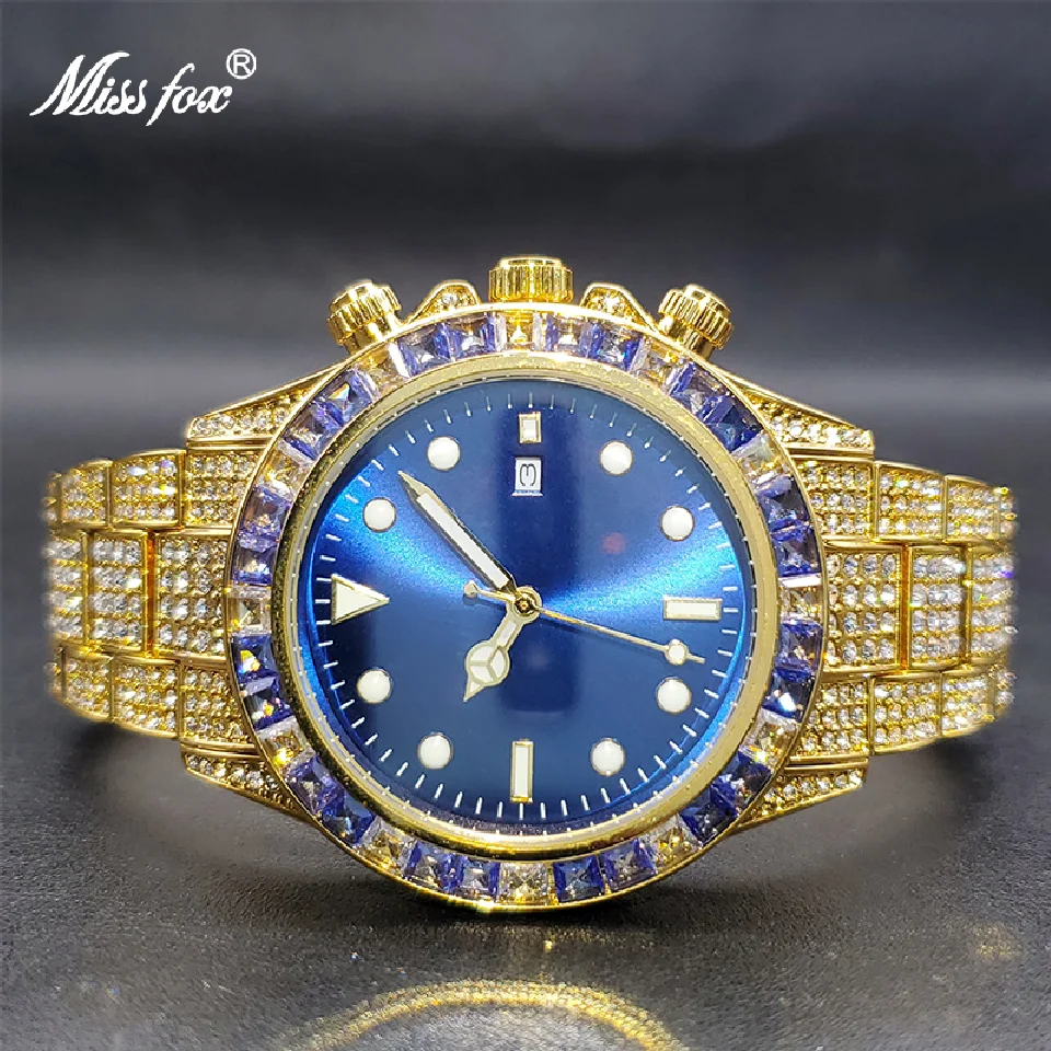 

MISSFOX Men Watches Luxurious Full Diamond Gold Royal Blue Watch Luminous Stainless Steel Bracelet Quartz Clock New Year Gift