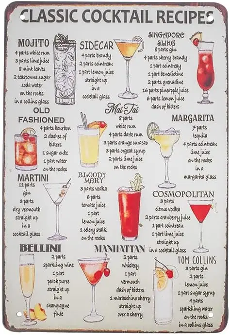 Tresure Gurus 8x12 Metl Retro Clssc lcohol Lquor Cocktl Recpes Wll Sgn Tn Home Br Menu Pub rt Decor