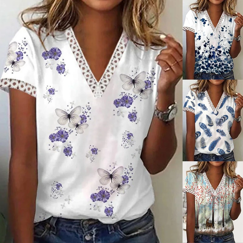 Женская Кружевная футболка с V-образным вырезом и коротким рукавом |