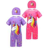 2022 cartoon childrens swimsuit unicorn print girls swimsuit one piece swimming suits with caps for baby kids beach wear