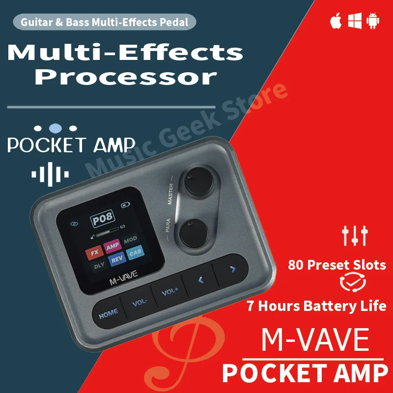 Фото M-VAVE Pocket AMP Gray, процессор мультиэффектов, 1.54-дюймовый HD-экран, цепочка эффектов 6+1, аудиоинтерфейс USB-C, для гитары/баса №1